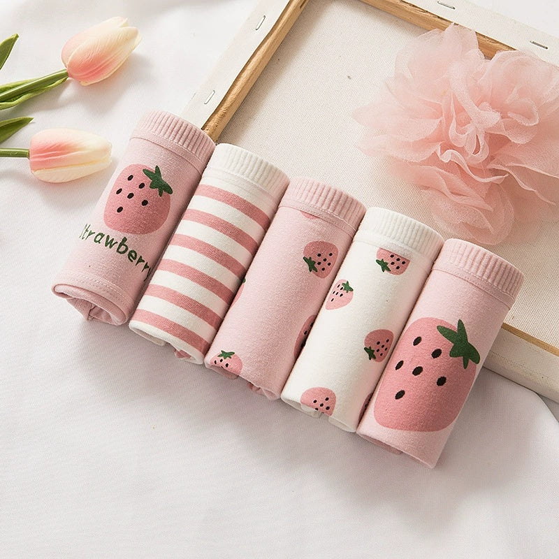 5-Piece Red Strawberry Set Women's Cotton Underwear