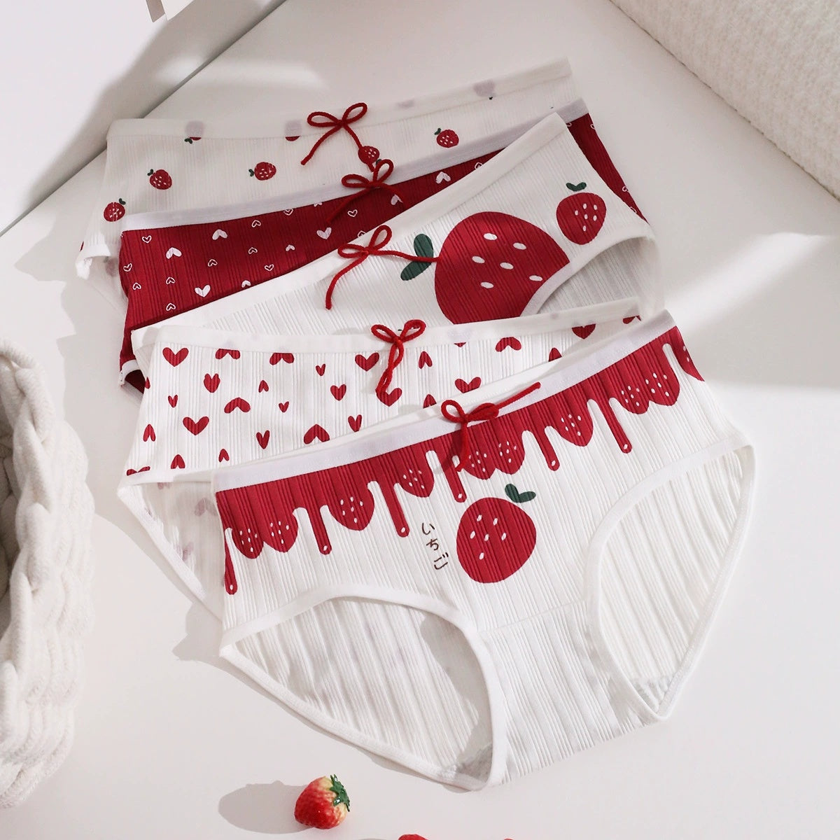5-Piece Red Strawberry Set Women's Cotton Underwear