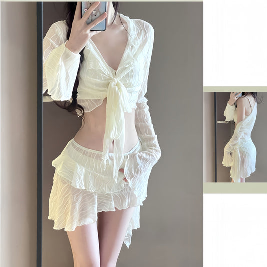 Sexy Beige Bikinis Set with Long-sleeved Cover Up Fairy Aesthetic Bathing Suits