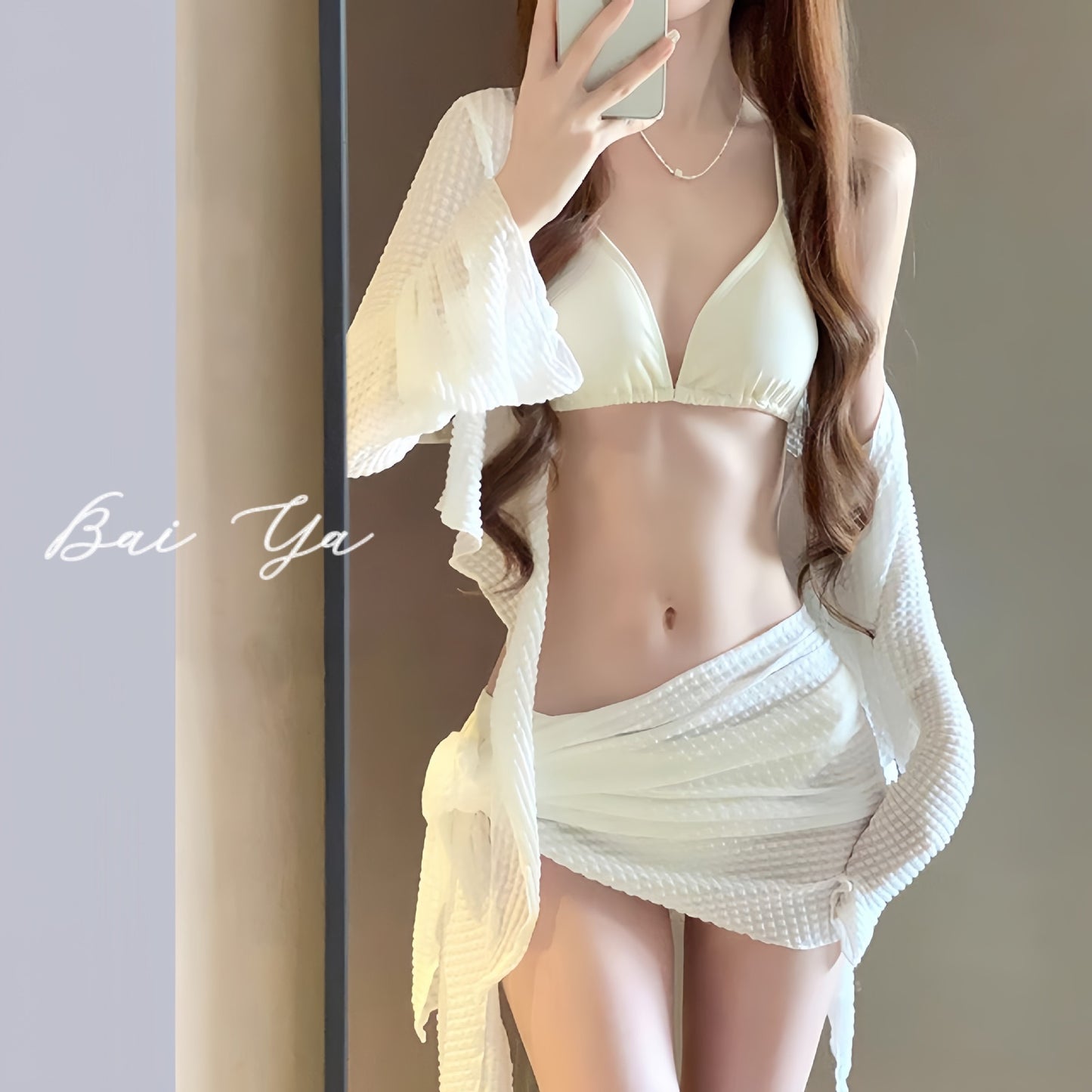 Korea Style Women 4 Piece Swimsuit White Long Sleeve