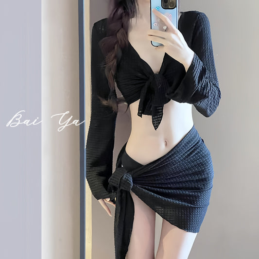 Korea Style Women 4 Piece Swimsuit Black Long Sleeve