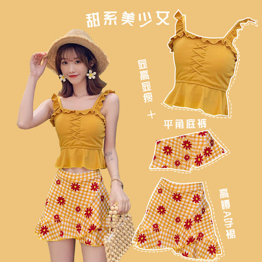 Korean Women Two-Piece Elastic Swimsuit Pleated Sun-top Flower Plaid Swim Skirt